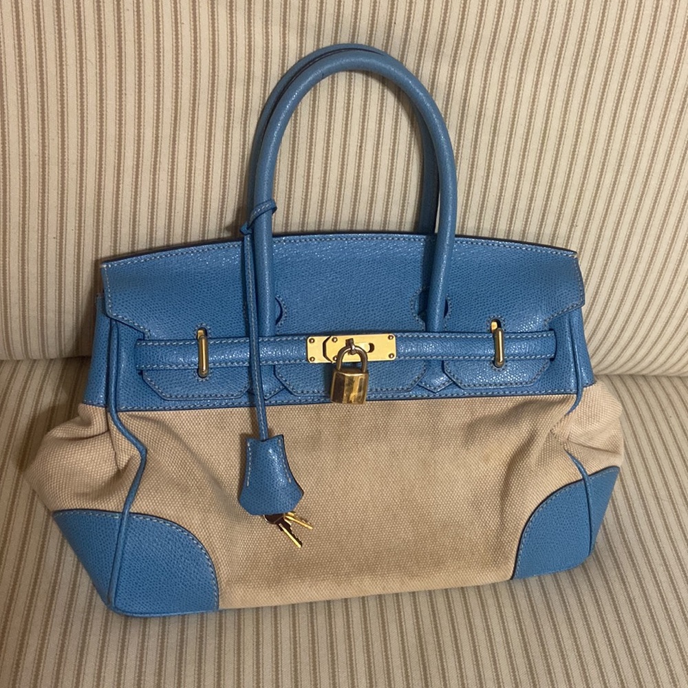 Blue and cream Berkin style leather tote
